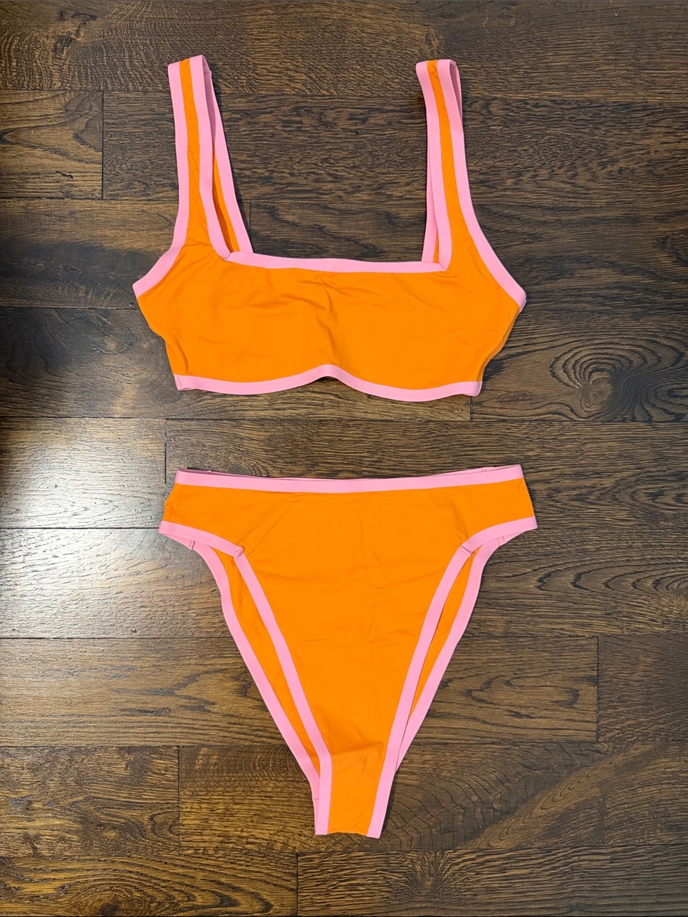 High waisted Orange and Pink Contrast Bikini Swim Set
